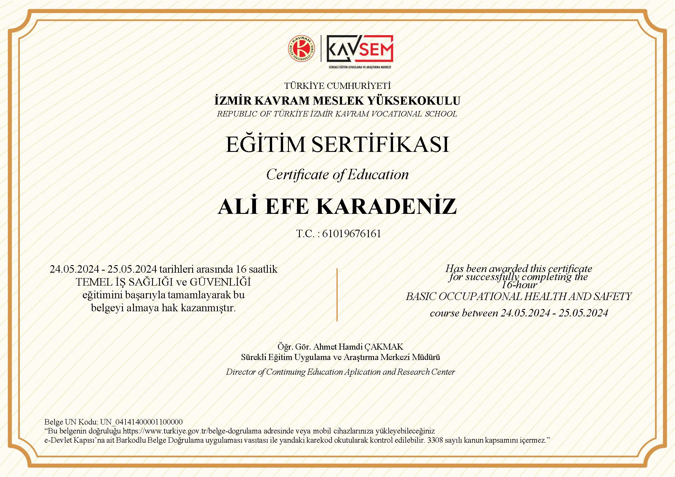 SERTİFİKA ÖRNEK
